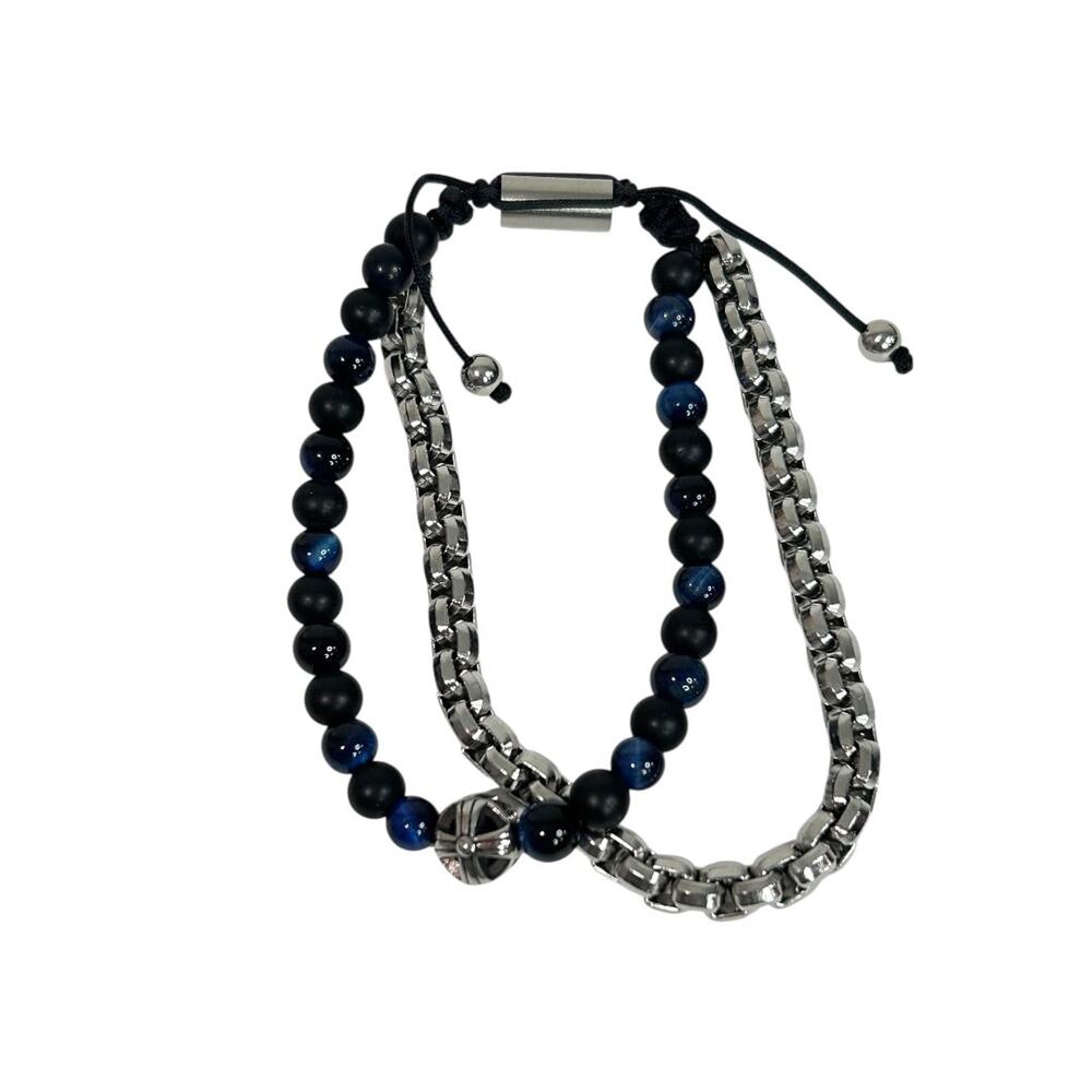 Claires Blue Black Silvertone Two Strand Bracelet Adjustable Slide